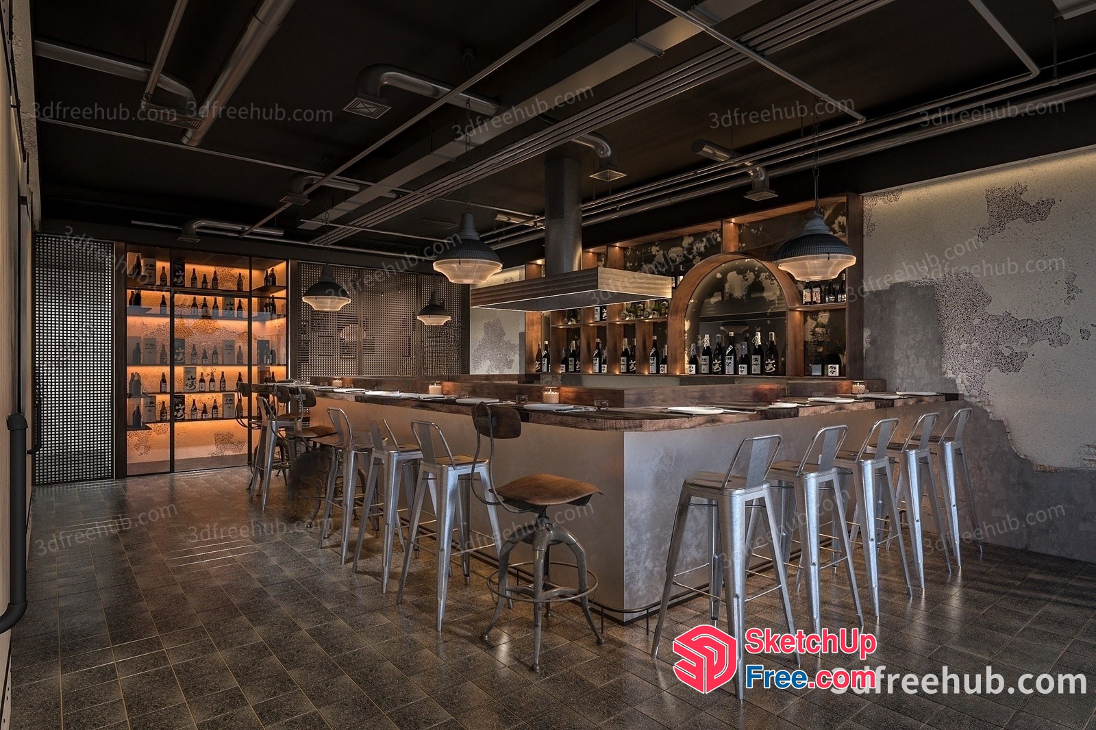Industrial Style Bar And Dining Area 3D SketchUp File