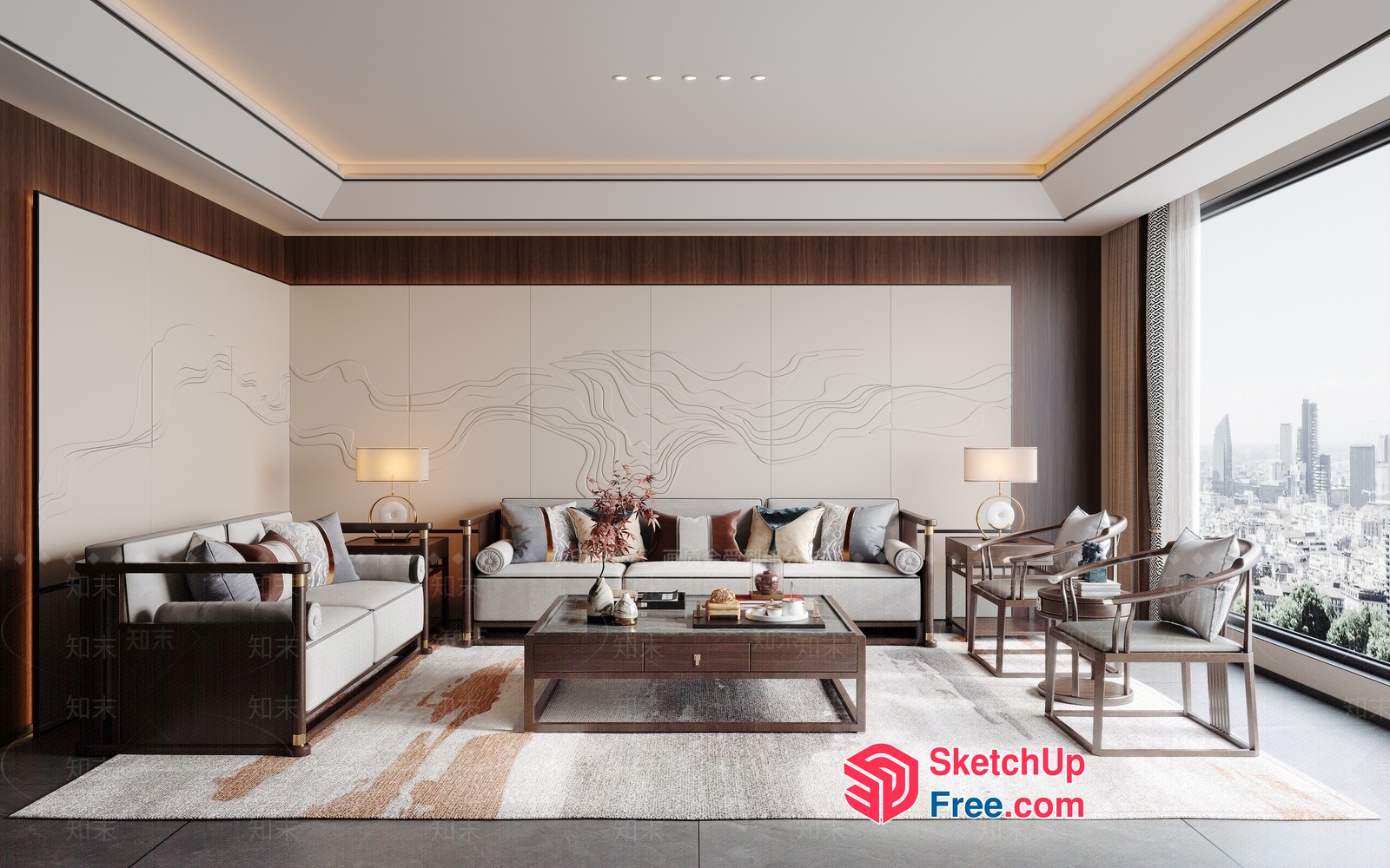 Elegant And Modern Living Room With Stunning City View 3D SketchUp File