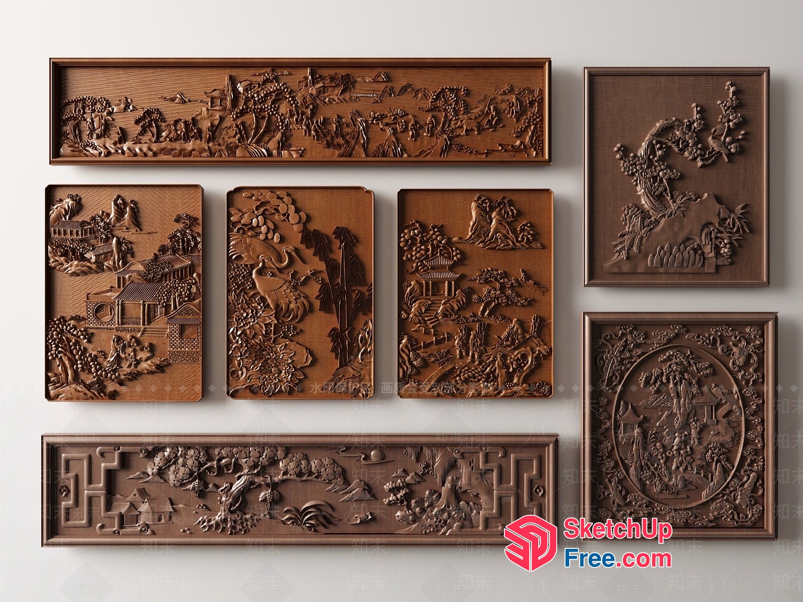 Ornate Wooden Carved Panels With Landscape And Architectural Details 3D SketchUp File