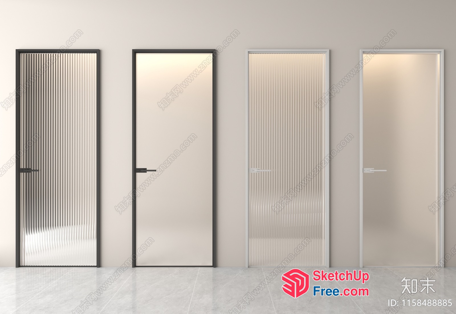 Four Doors With Glass And Black Frames 3D SketchUp File
