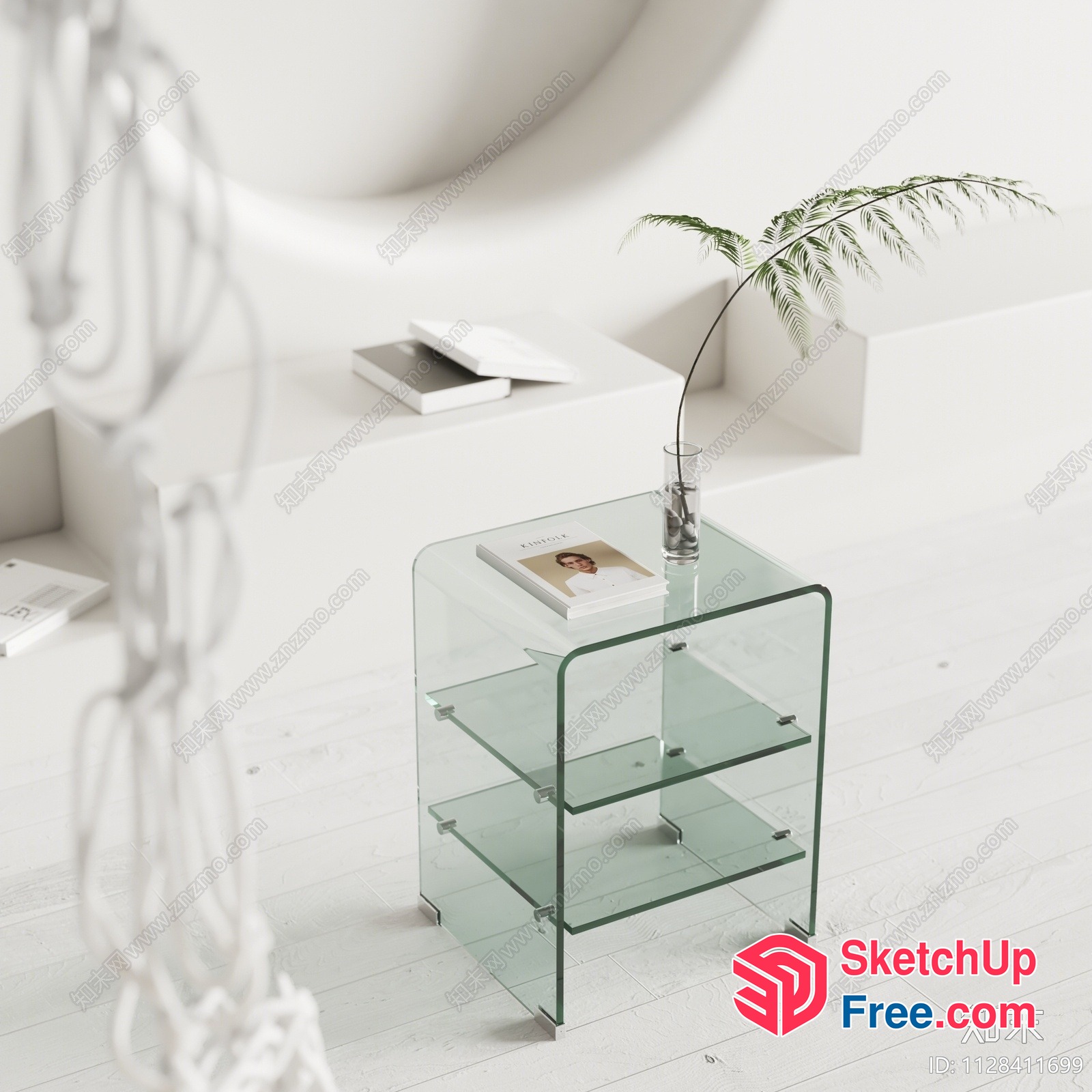 Minimalist Glass Shelving Unit With Books And Plant 3D SketchUp File