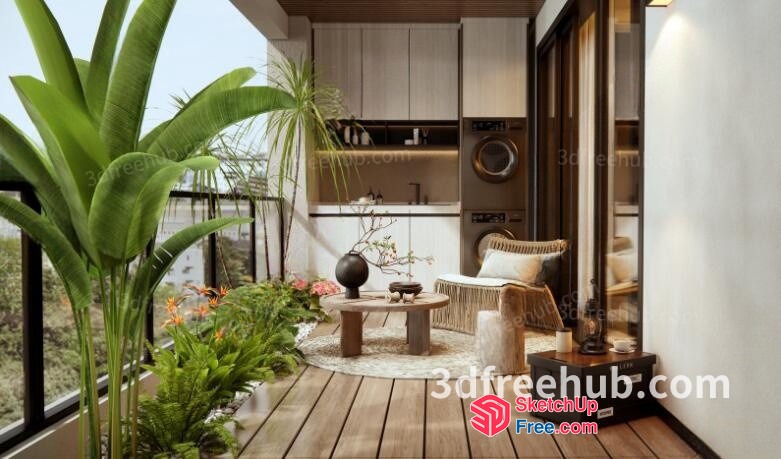 Serene Balcony Oasis With Modern Furniture And Greenery 3D SketchUp File