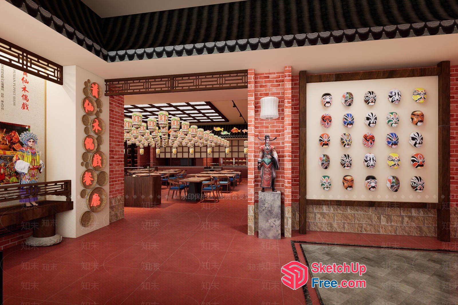 Chinese-Style Restaurant Interior With Traditional Decor 3D SketchUp File