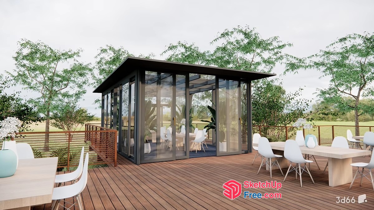 Modern Glass-Walled Outdoor Dining Space 3D SketchUp File