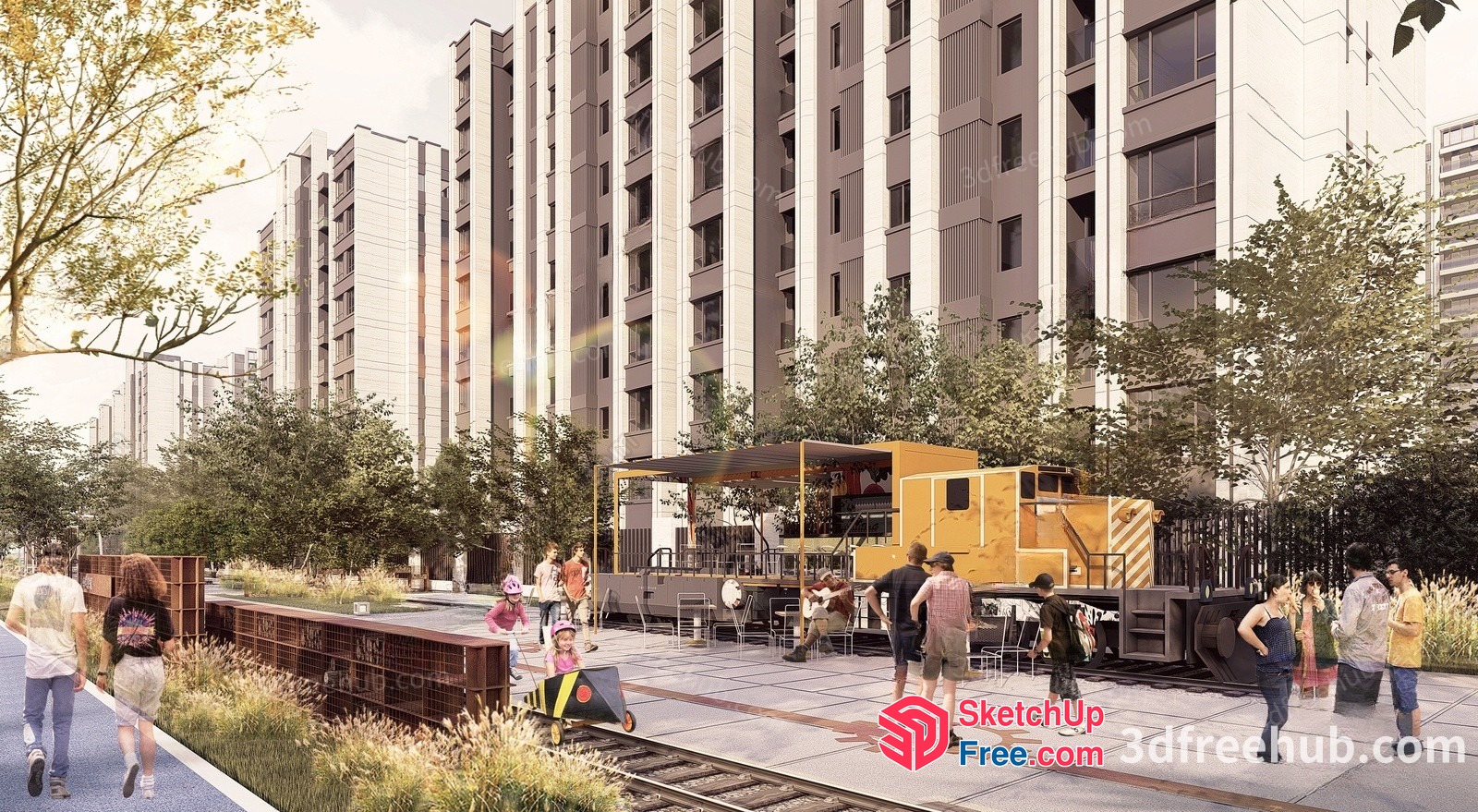 Modern Urban Street Scene With Food Truck And Train 3D SketchUp File