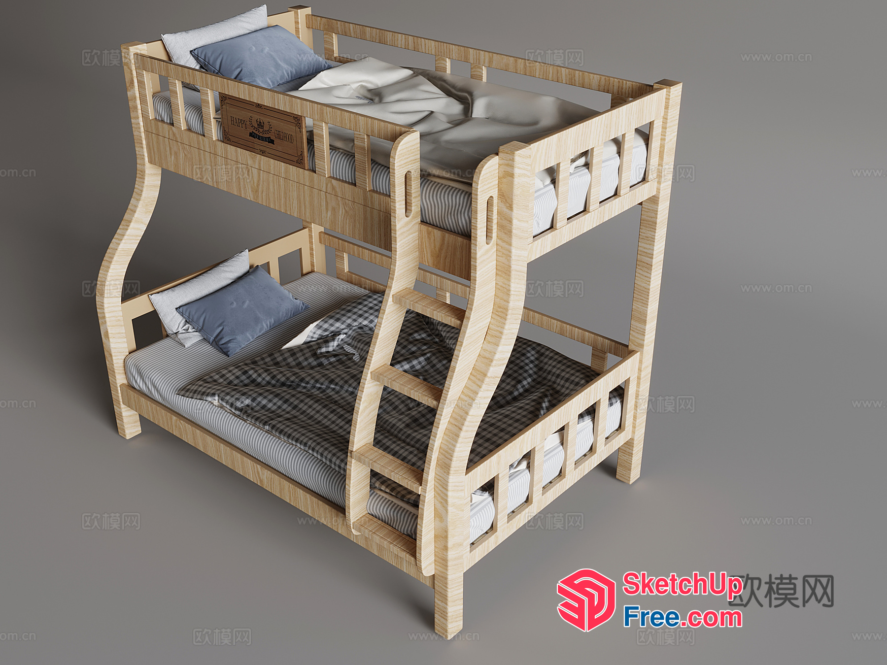 Wooden Bunk Bed With Two Sets Of Beds 3D SketchUp File
