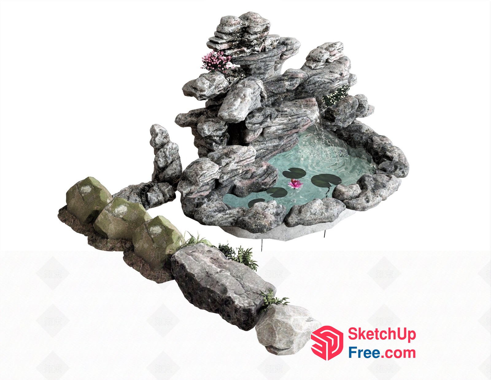 Serene Stone Waterfall Oasis 3D SketchUp File