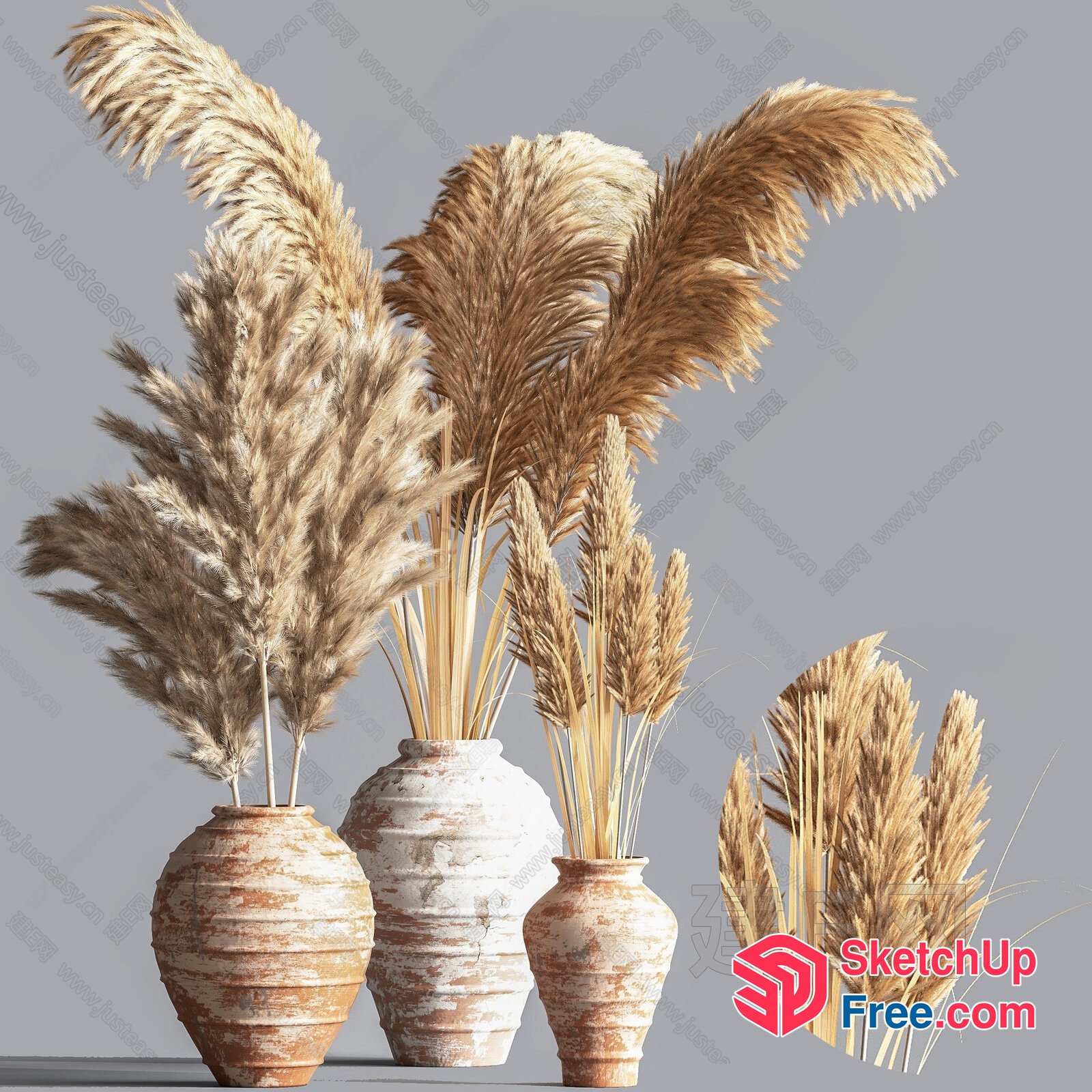 Elegant Pampas Grass Arrangement In Distressed Vases 3D SketchUp File