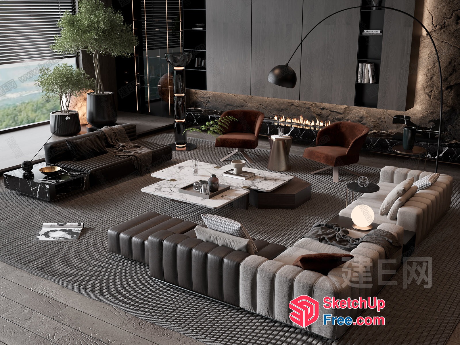 Luxurious Modern Living Room With Dark Wood Accents 3D SketchUp File