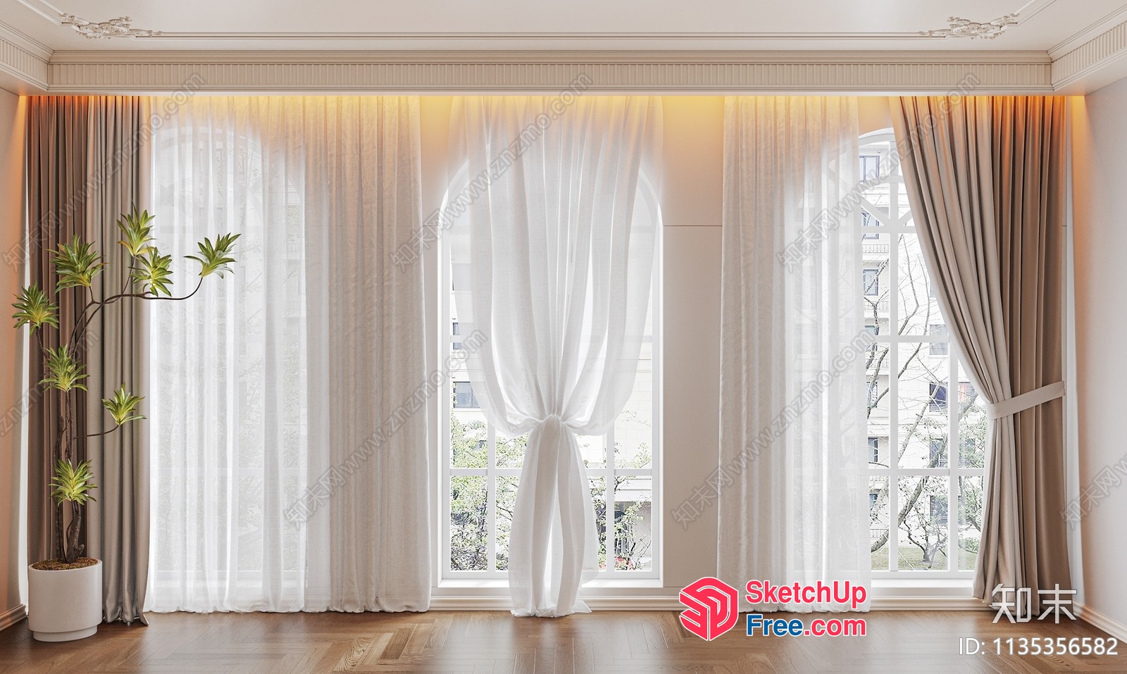 Elegant White Curtains And Wooden Floor Interior 3D SketchUp File