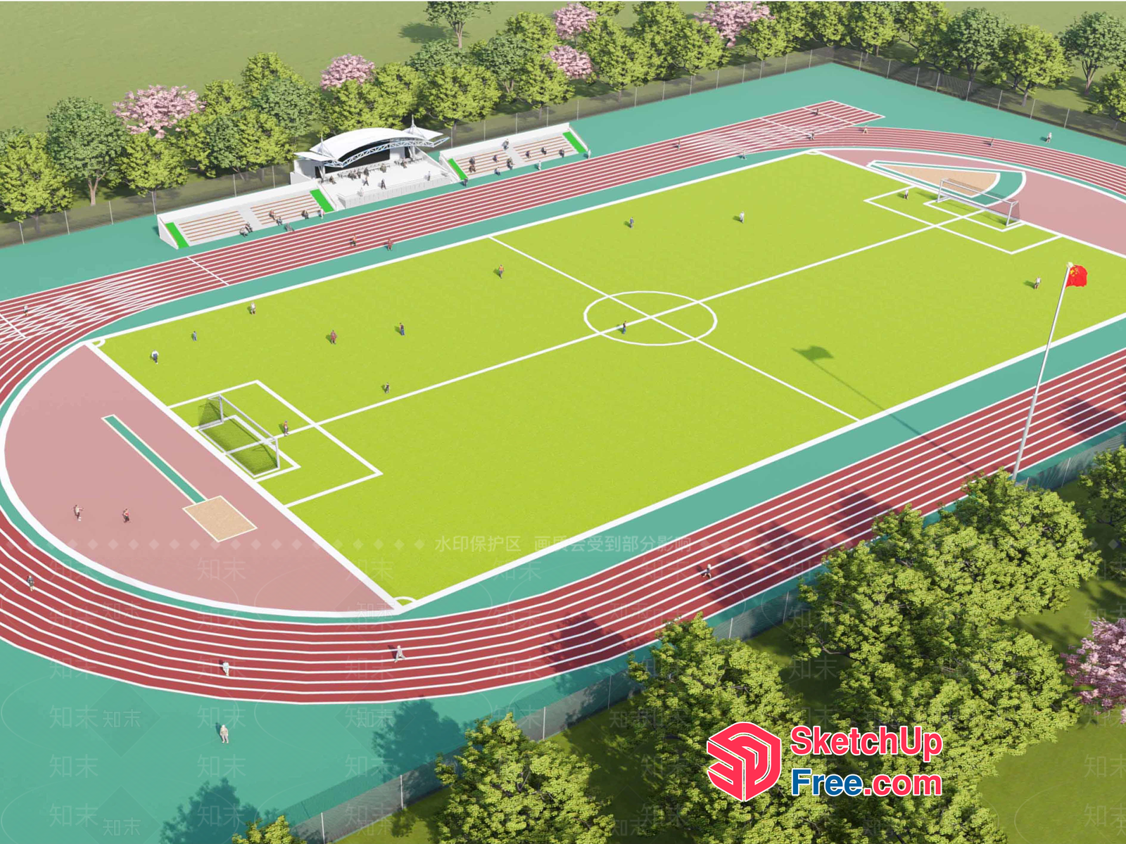 Outdoor Sports Field With Track And Bleachers 3D SketchUp File