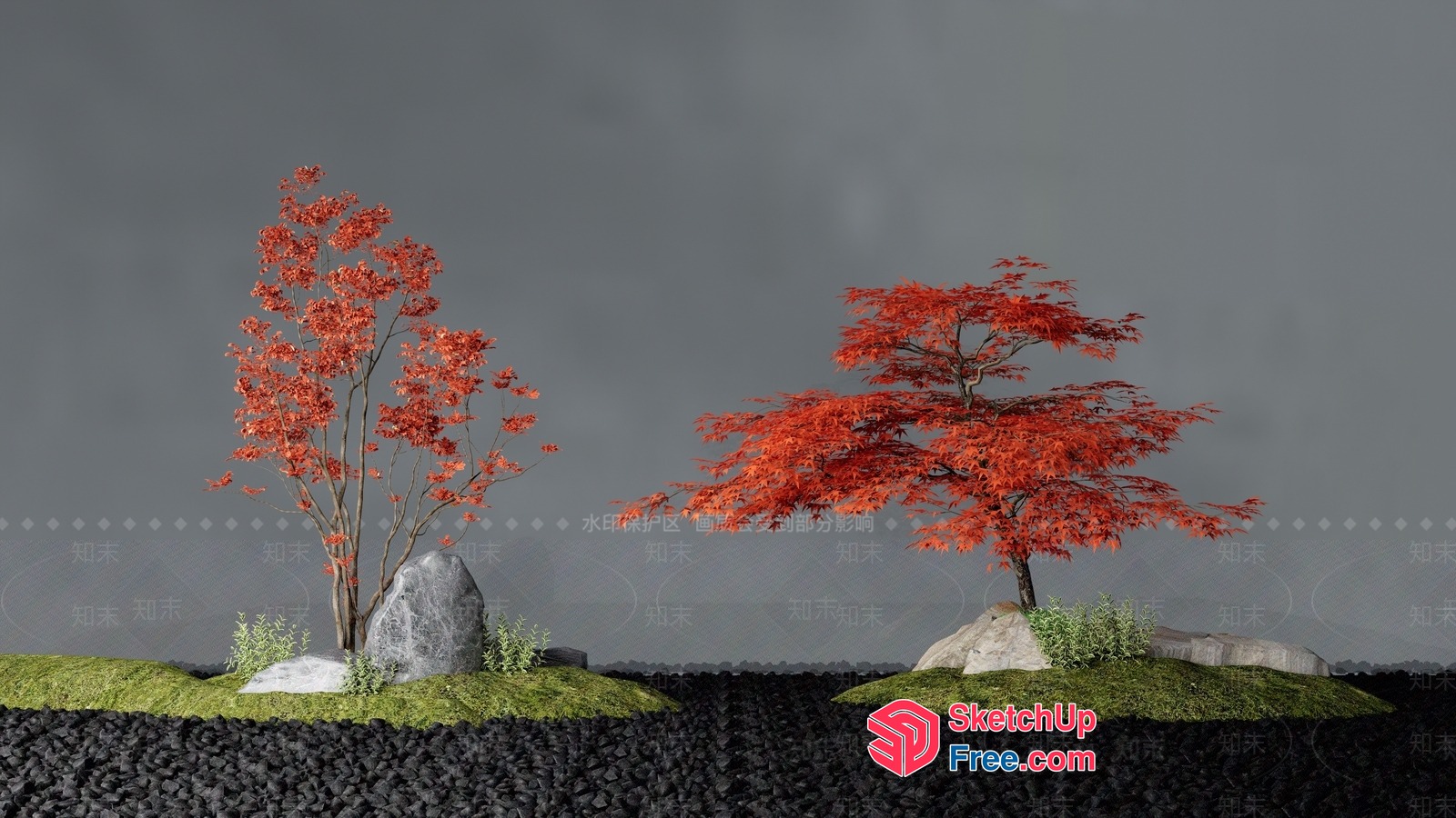 Japanese Style Garden With Vibrant Red Trees 3D SketchUp File