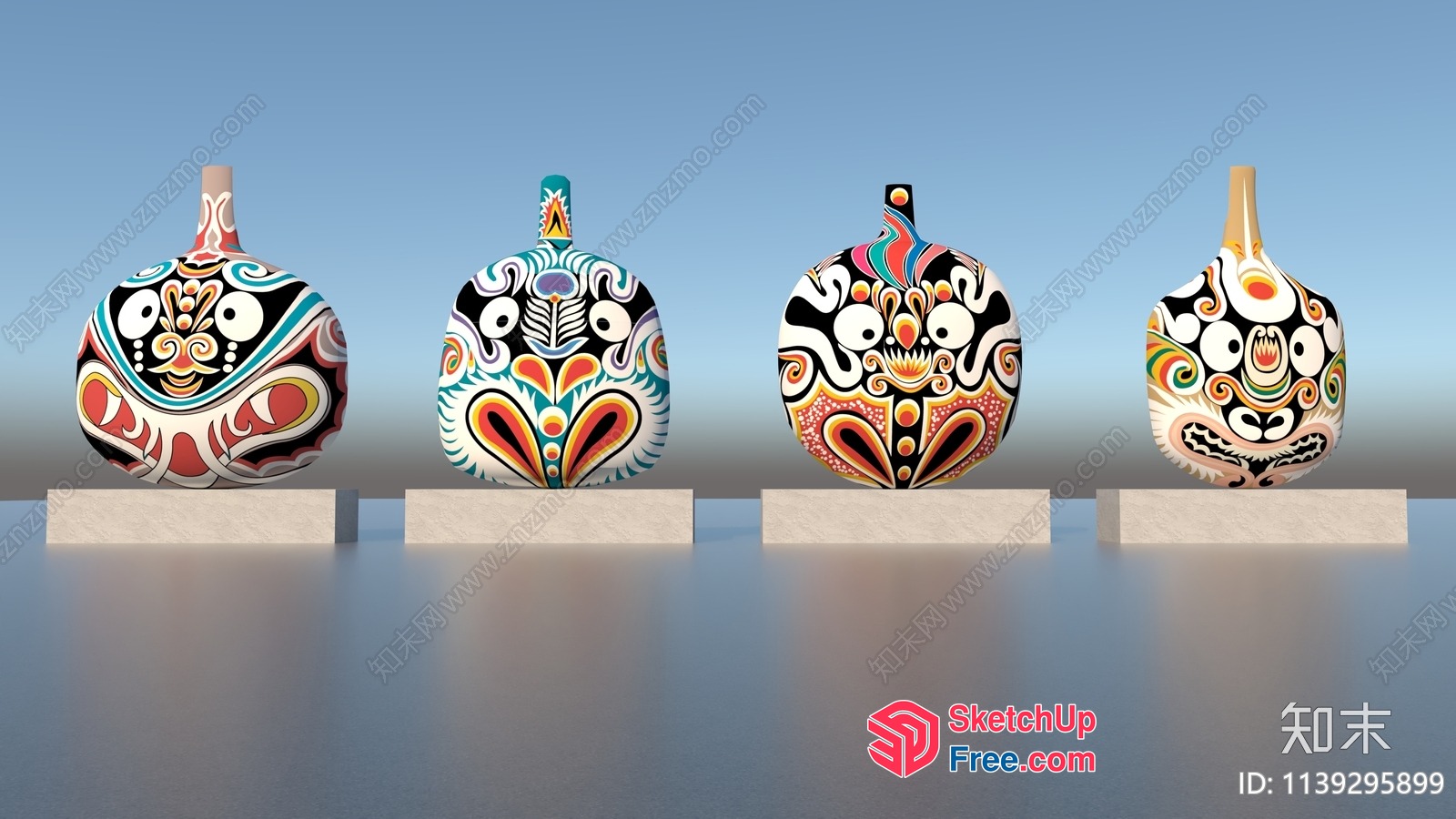 Colorful Patterned Vases On Display 3D SketchUp File
