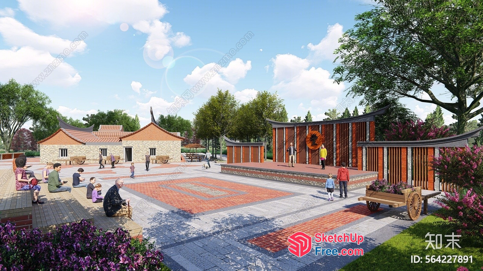 People Relaxing In A Courtyard With A Stage 3D SketchUp File
