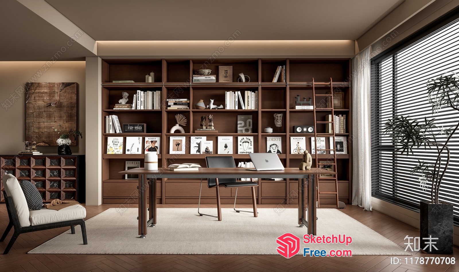 Modern Office Space With Bookshelf And Desk 3D SketchUp File