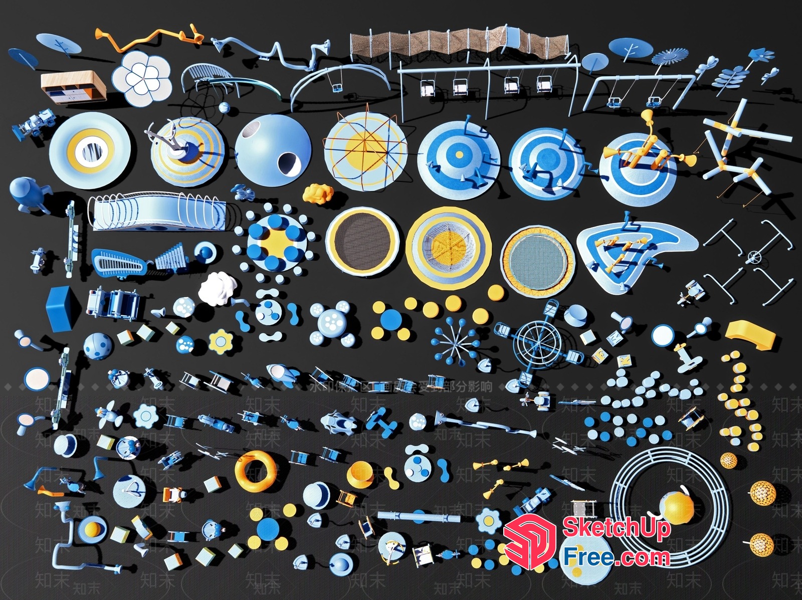 Various Shapes And Designs In Blue And Yellow 3D SketchUp File