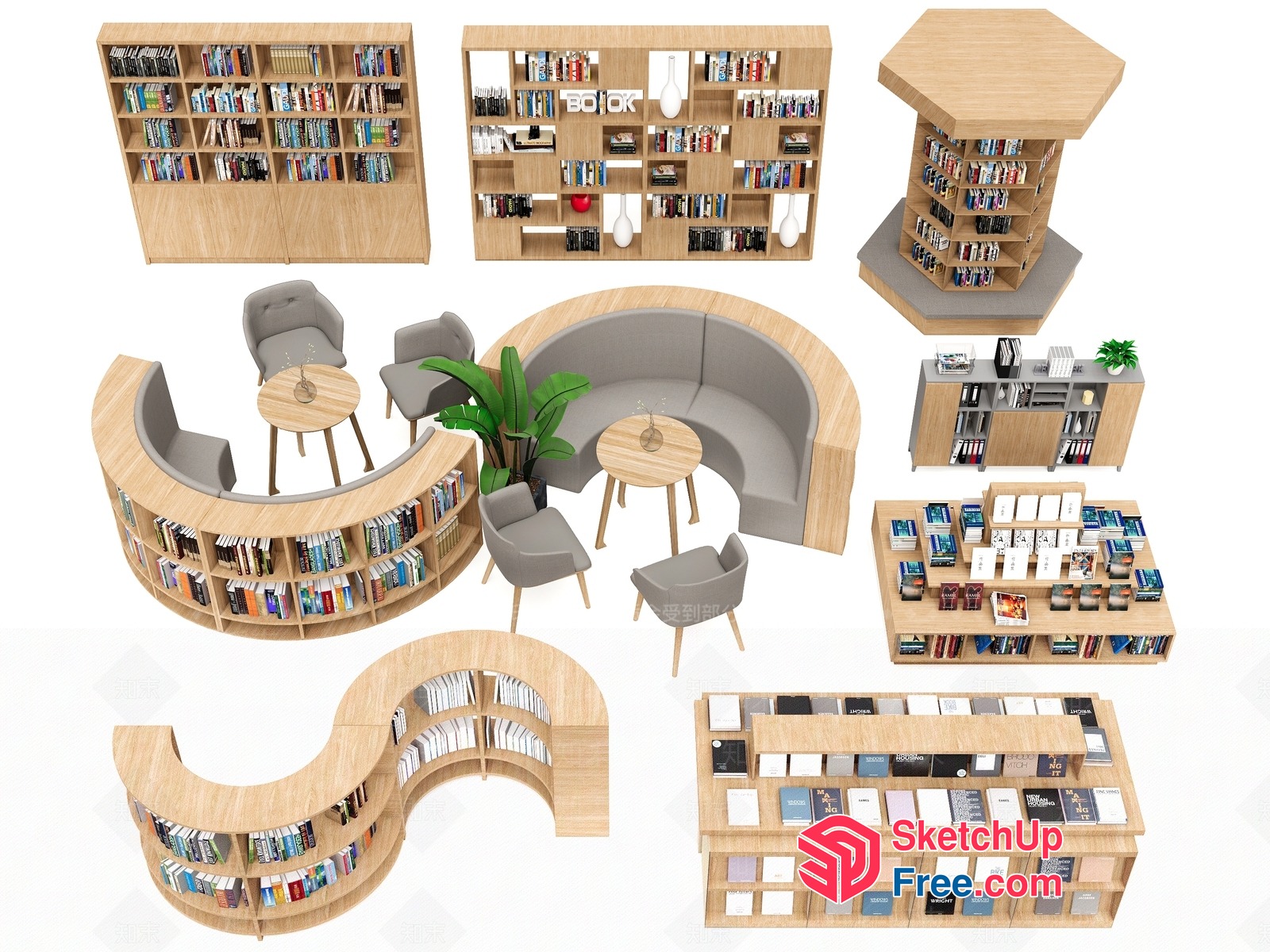 Cozy Bookstore Interior With Curved Shelves And Comfortable Seating 3D SketchUp File