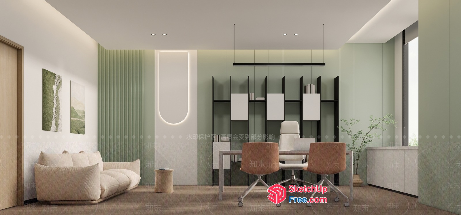 Minimalist Office Interior With Natural Green And White Color Scheme 3D SketchUp File