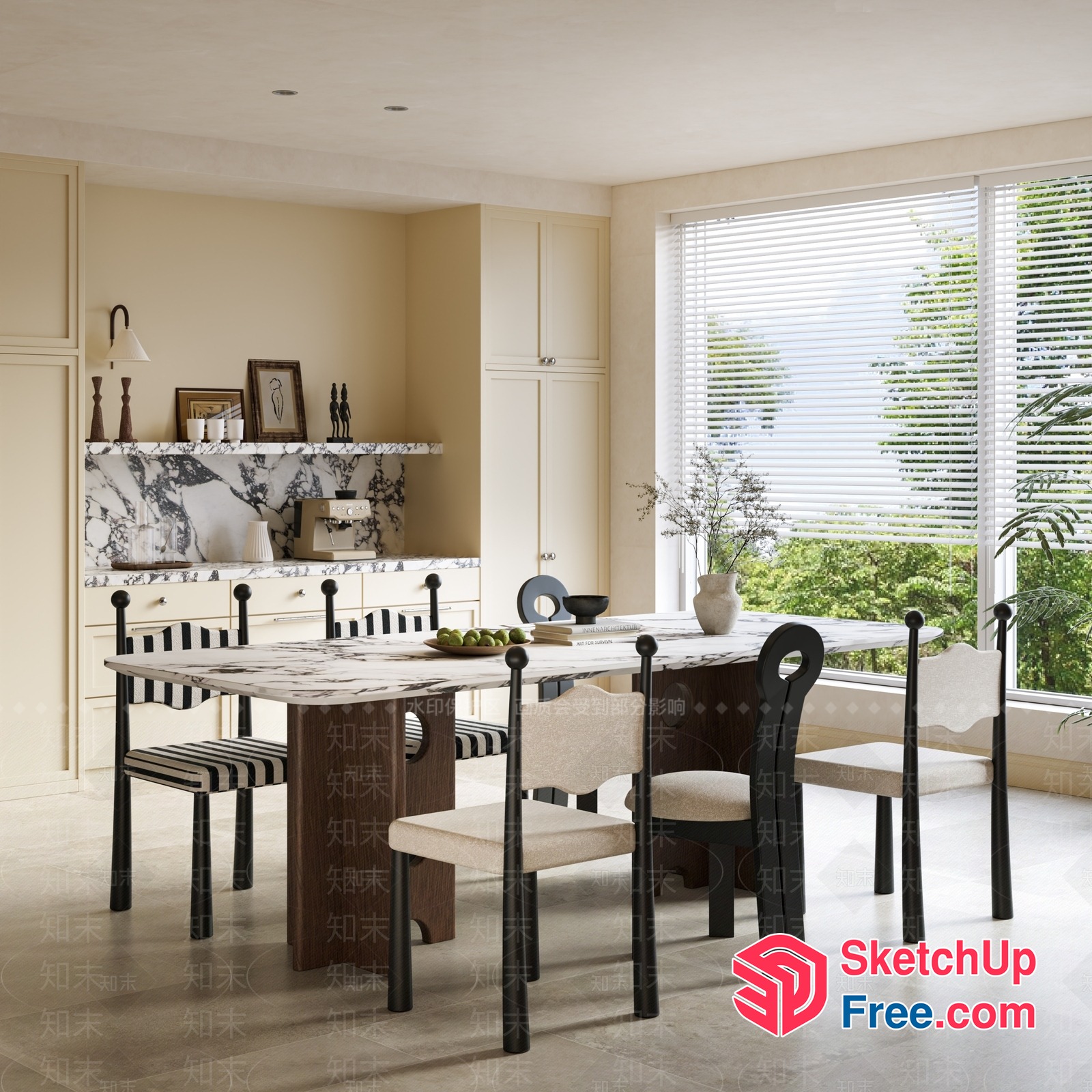 Elegant Dining Room With Marble Table And Striped Chairs 3D SketchUp File