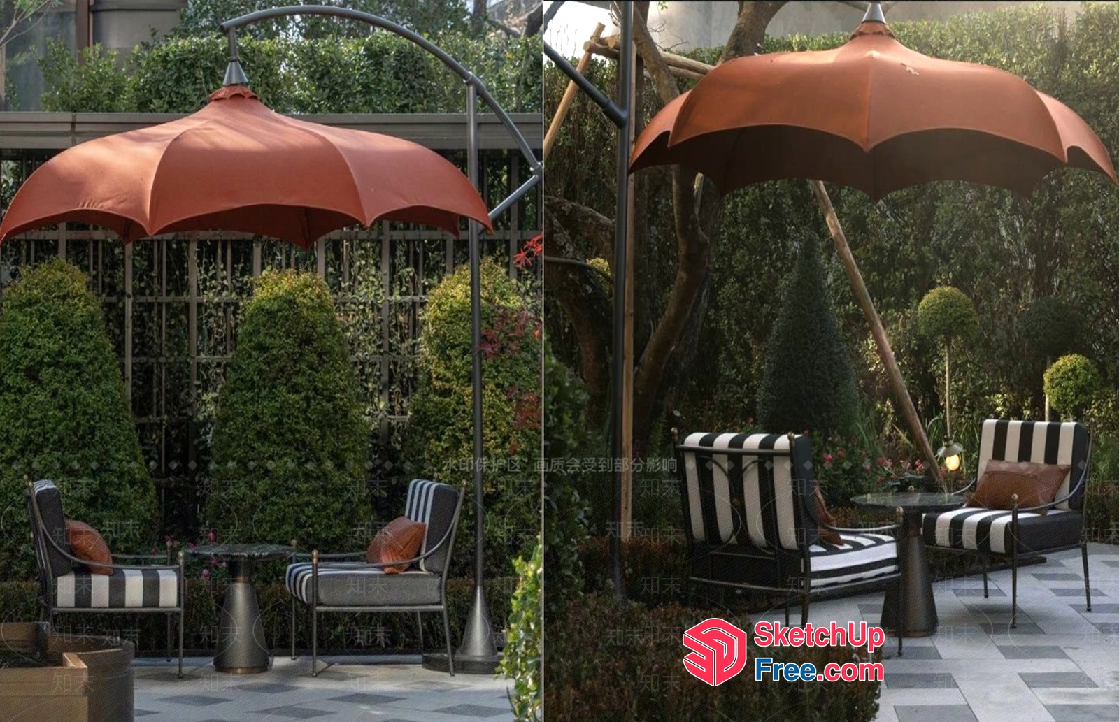Outdoor Seating Area With Umbrella And Striped Chairs 3D SketchUp File