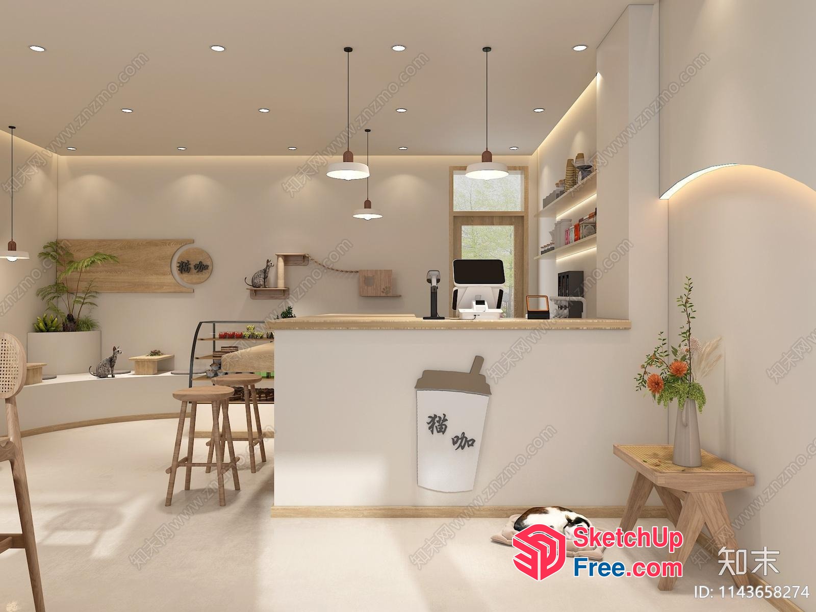 Modern Minimalist Japanese-Style Cat Cafe Interior 3D SketchUp File