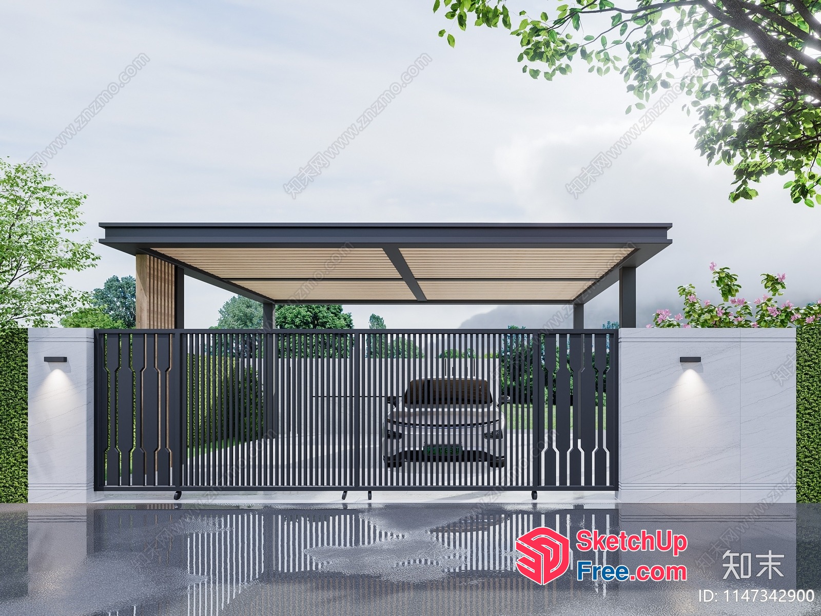 Modern Outdoor Seating Area With Canopy And Gate 3D SketchUp File