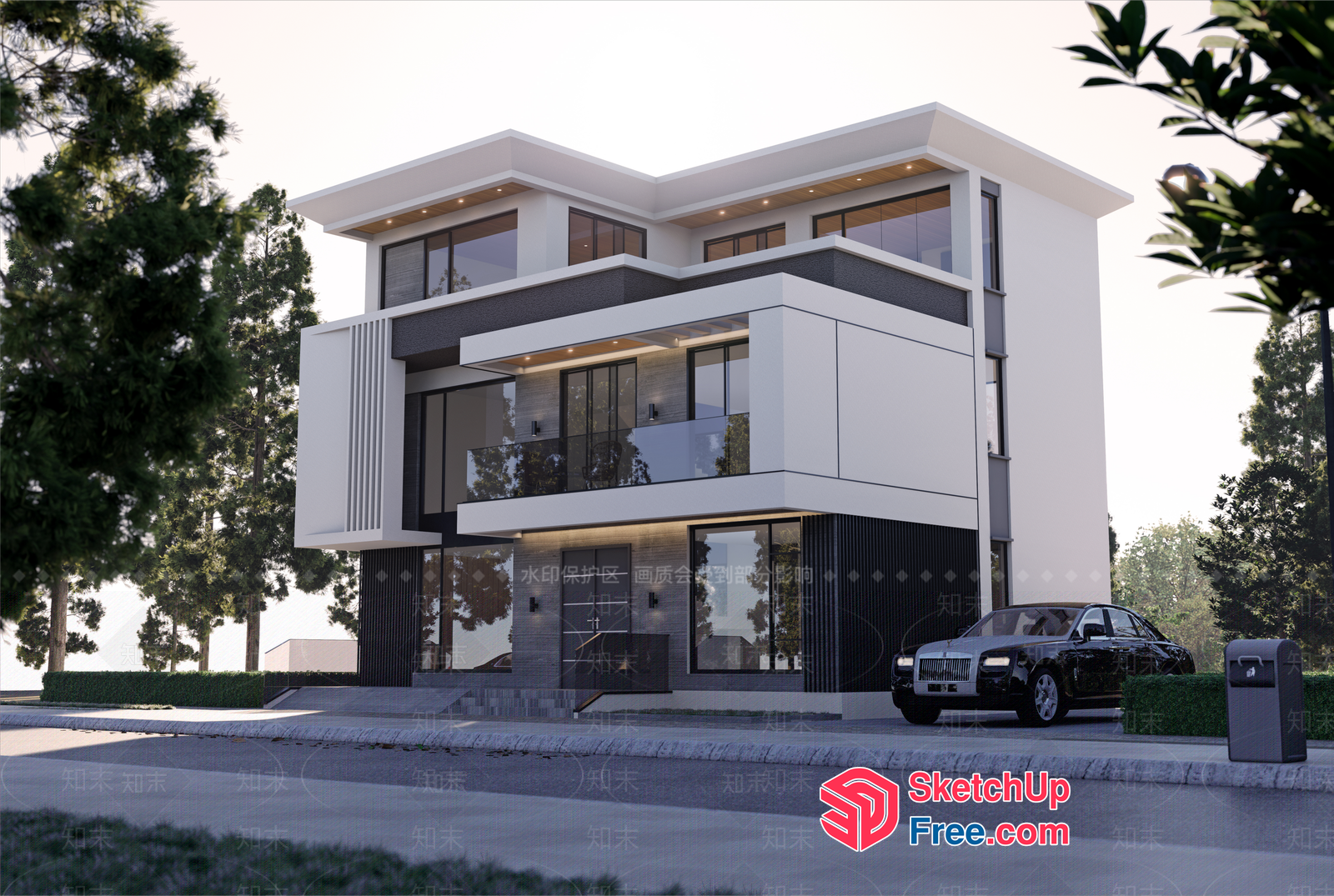 Modern Three-Story Villa With Glass Curtain Wall And Elegant Pillars 3D SketchUp File