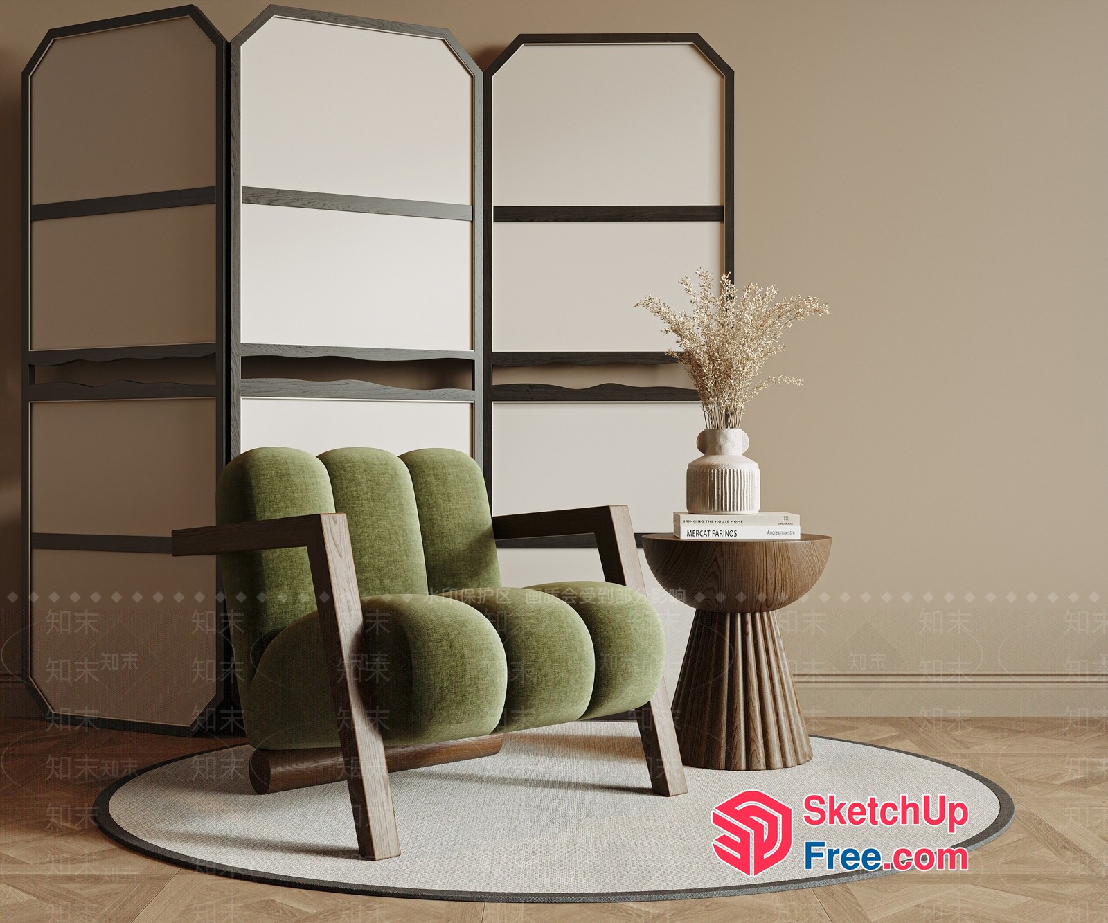 Elegant Living Room With Green Armchair And Wooden Furniture 3D SketchUp File