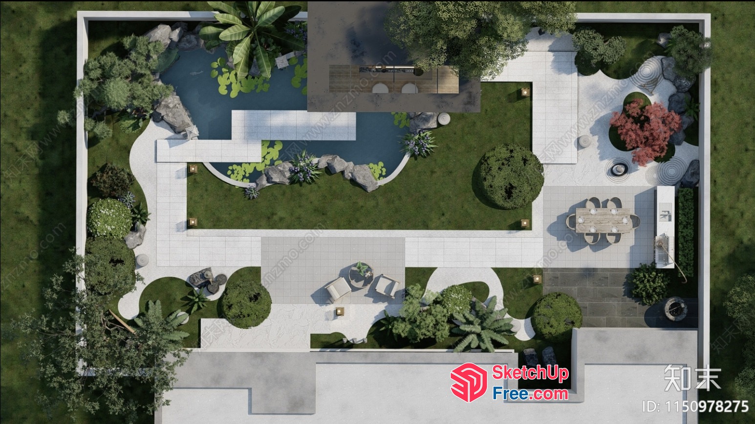 Serene Japanese Garden With Water Feature And Seating 3D SketchUp File
