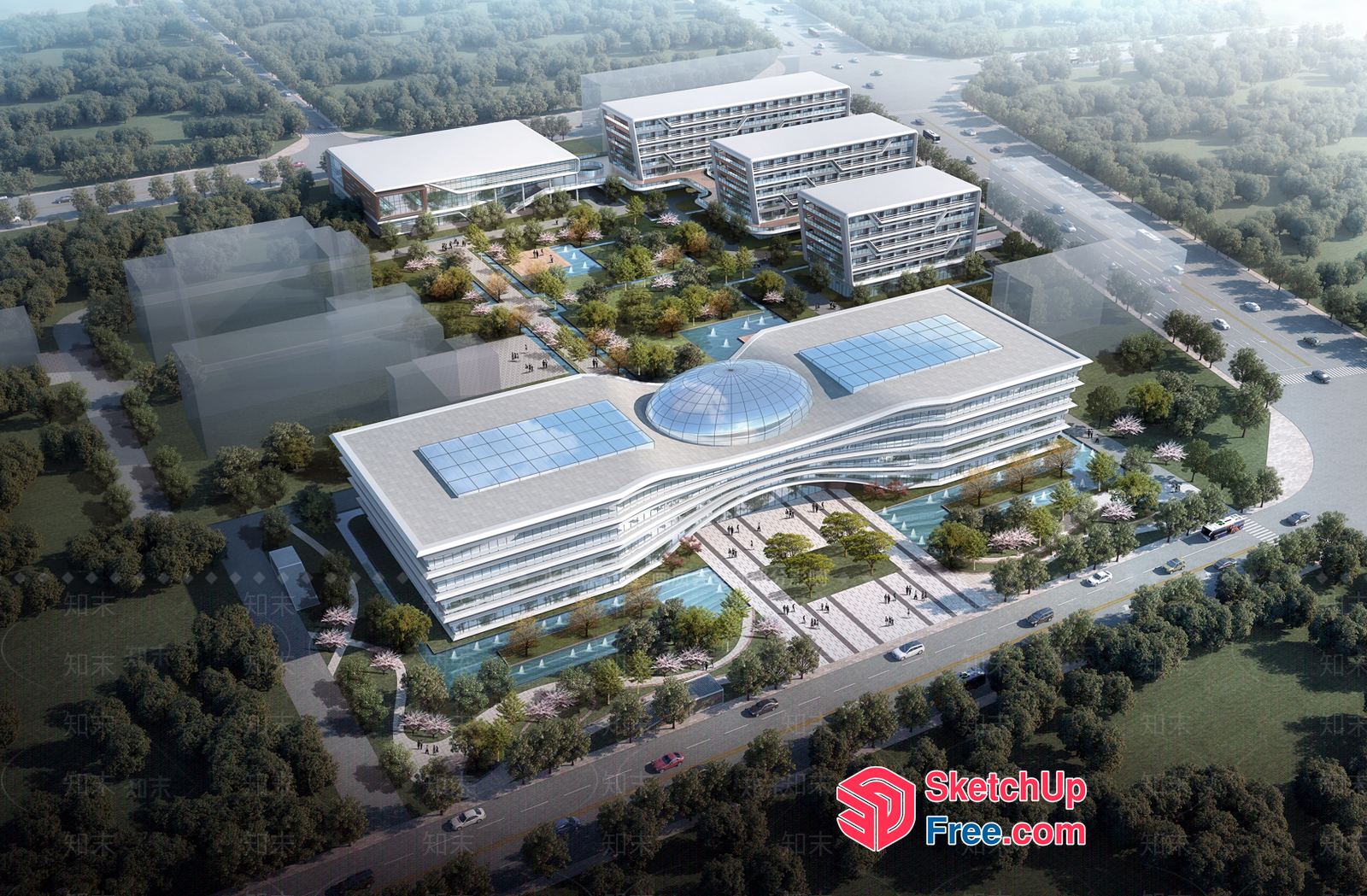 Modern Commercial Office Building With Glass Curtain Wall 3D SketchUp File