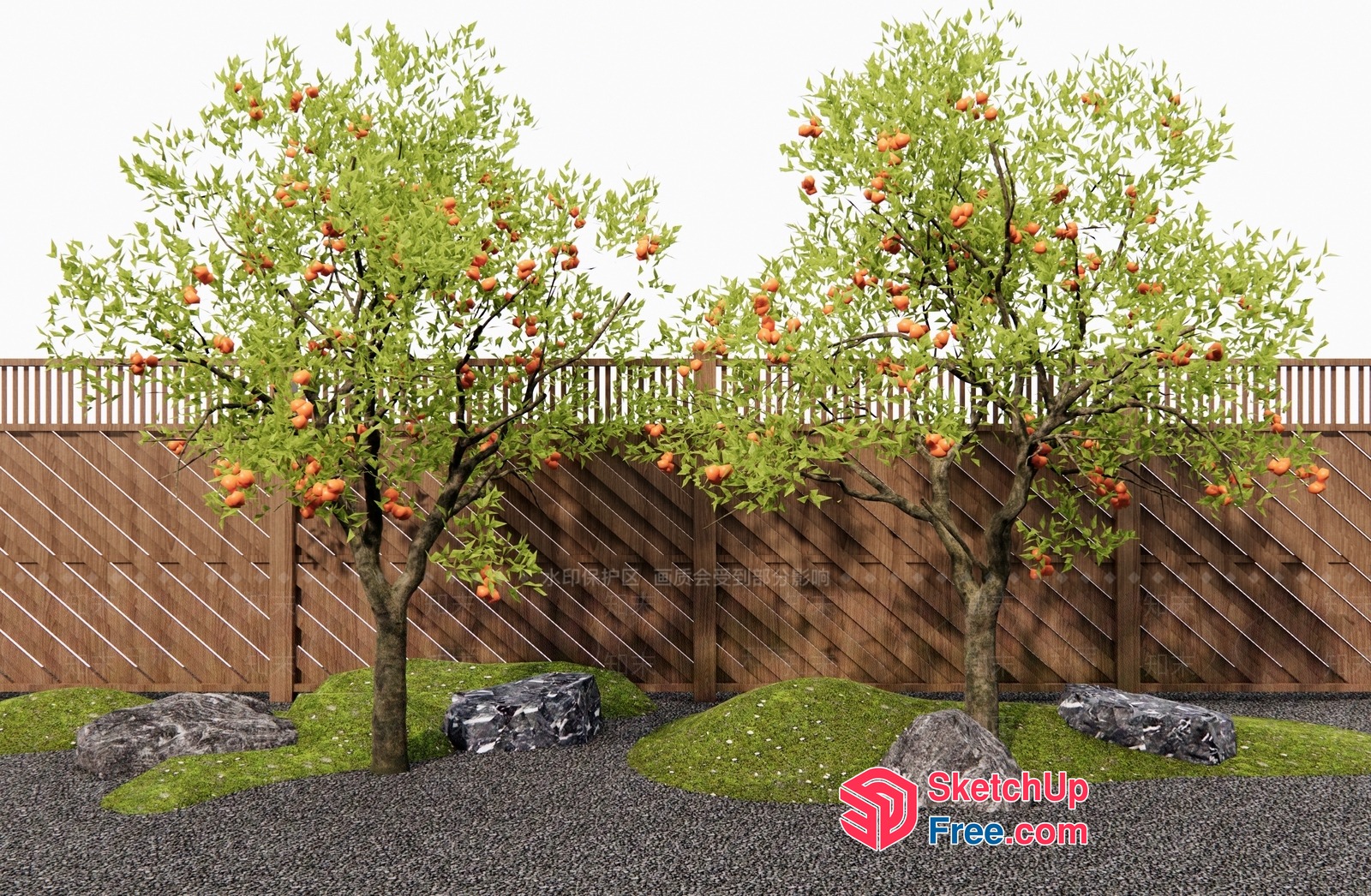 Two Trees With Fruits And A Wooden Fence 3D SketchUp File