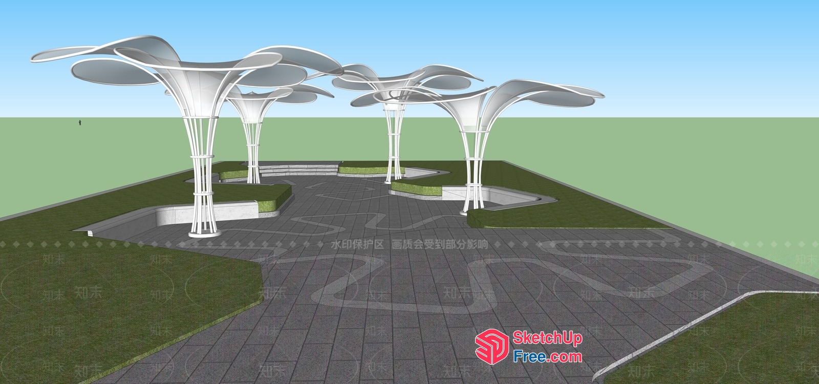 Modern Outdoor Seating Area With Unique Tree-Shaped Structures 3D SketchUp File