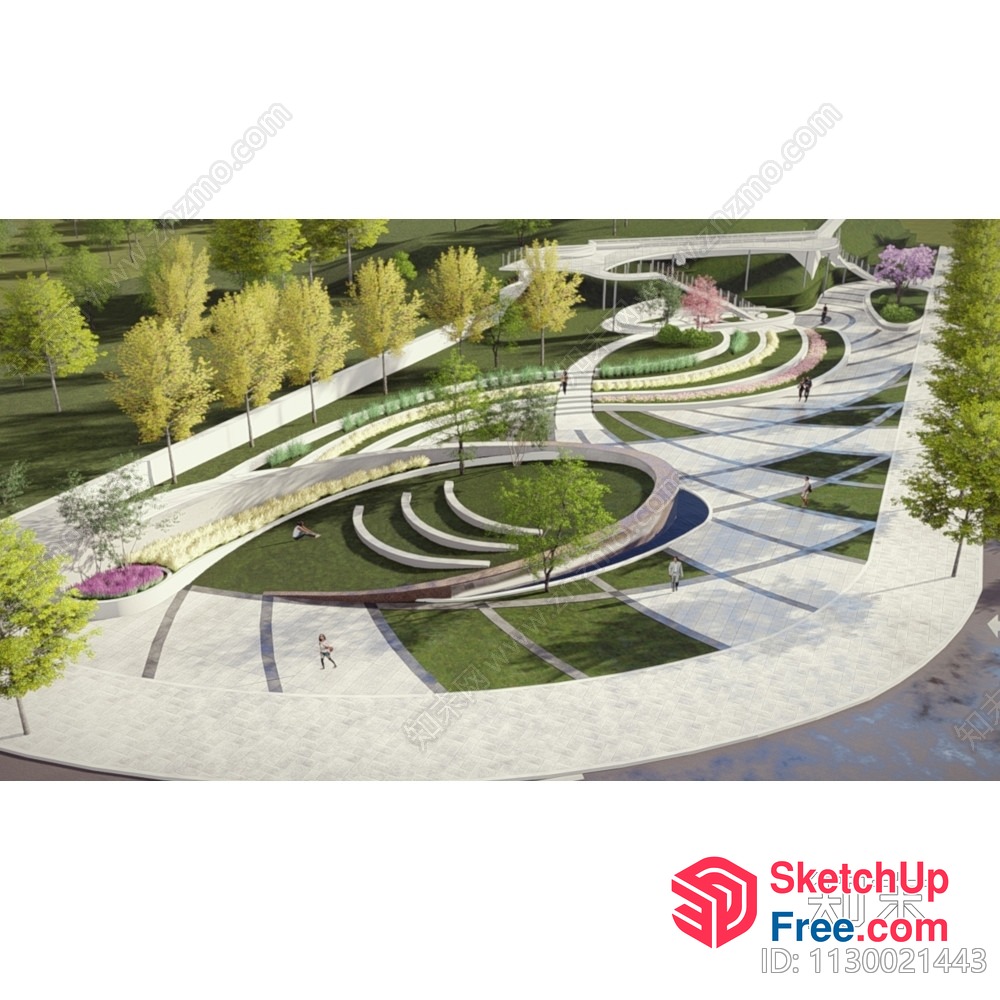 Modern Park Landscape Design With Curved Paths And Seating 3D SketchUp File