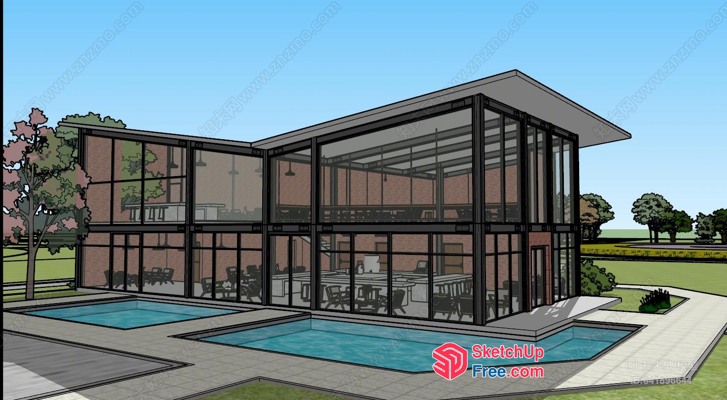 Modern Glass House With Pool And Office Space 3D SketchUp File