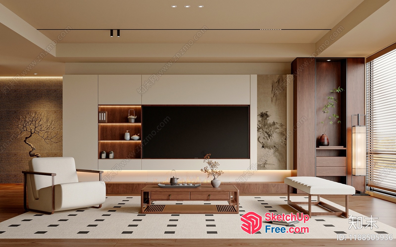 Modern Japanese Style Living Room With Wood Accents 3D SketchUp File