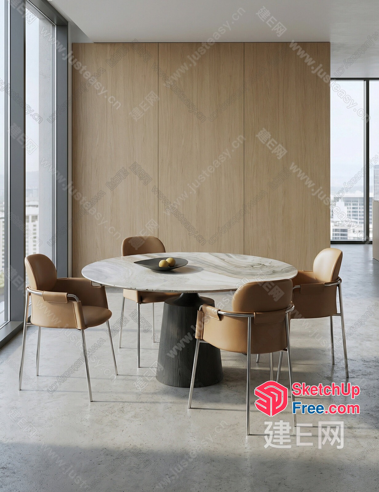 Modern Minimalist Dining Room With Round Marble Table And Tan Chairs 3D SketchUp File