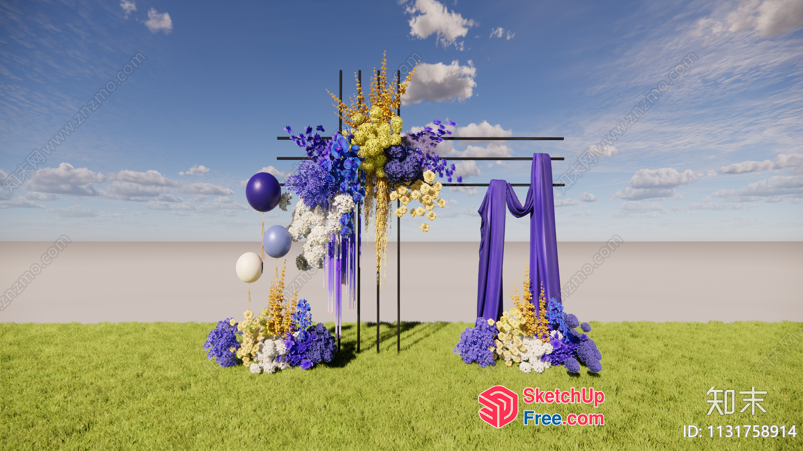 Outdoor Wedding Decoration With Purple And Yellow Flowers And Balloons 3D SketchUp File