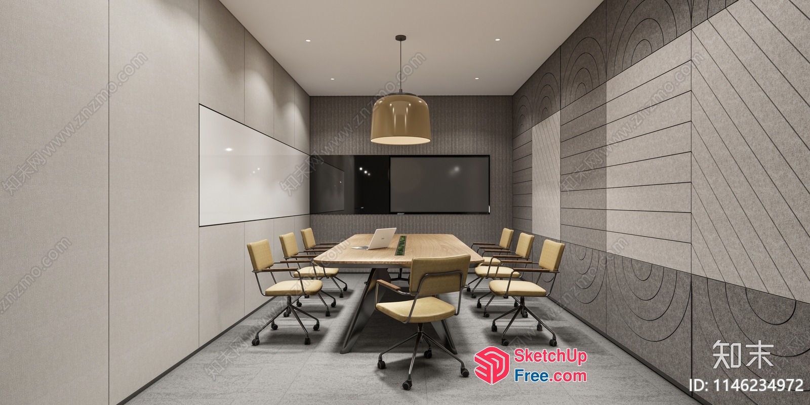Modern Office Meeting Room With Wood Table And Beige Chairs 3D SketchUp File