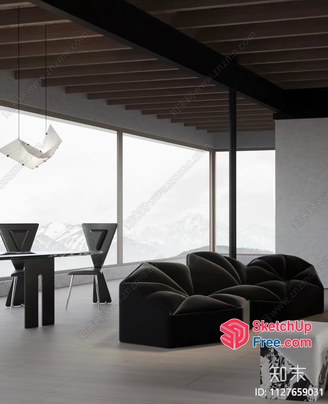 Modern Minimalist Living Room With Stunning Mountain View 3D SketchUp File