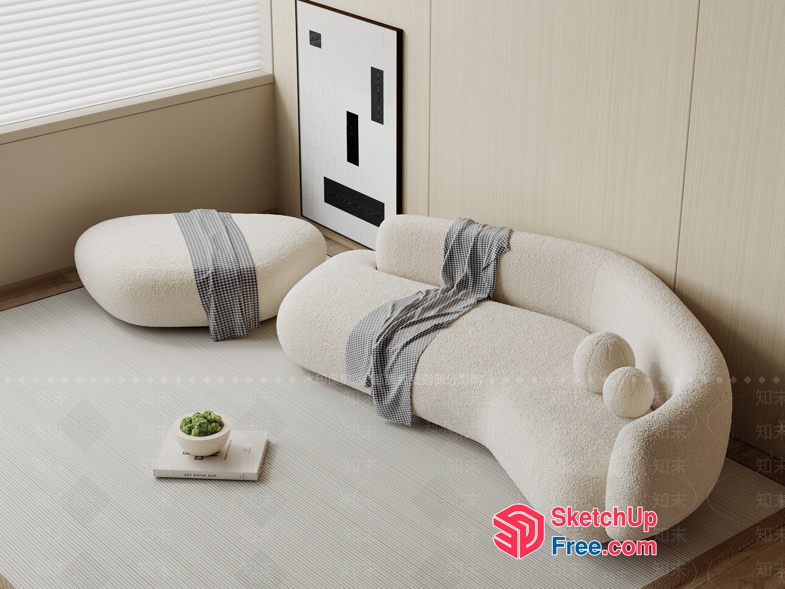 Modern Japanese-Inspired Living Room With Curved Sofa And Pillows 3D SketchUp File
