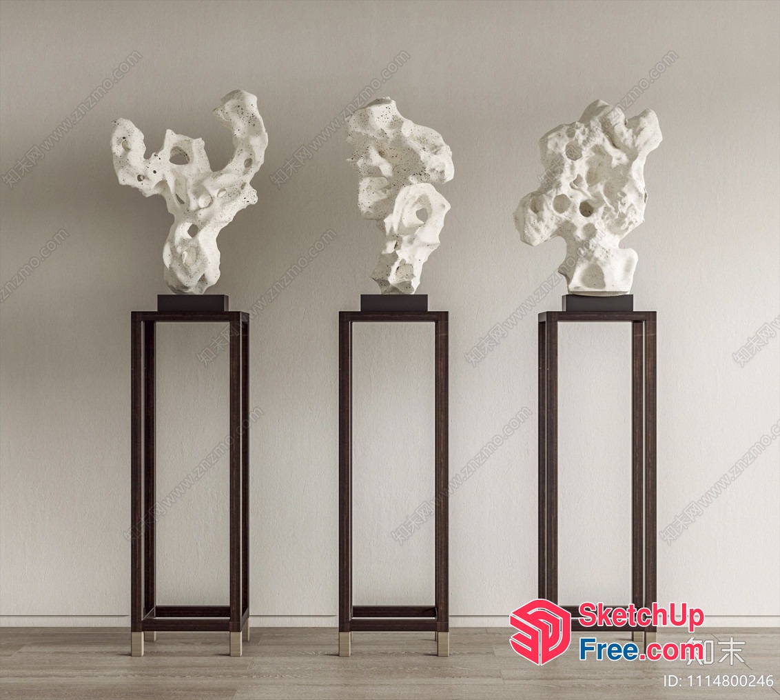 Three White Stone Sculptures On Dark Brown Pedestals 3D SketchUp File
