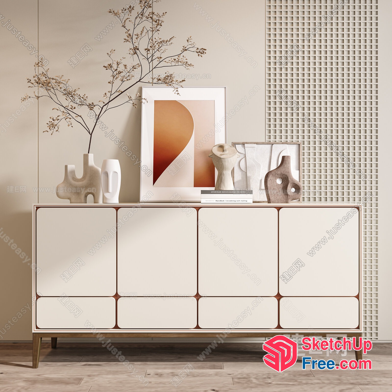 Minimalist Modern Creamy Style Sideboard With Decorative Vases 3D SketchUp File