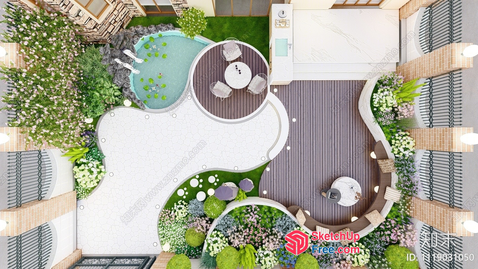 Outdoor Living Space With Water Feature And Seating 3D SketchUp File