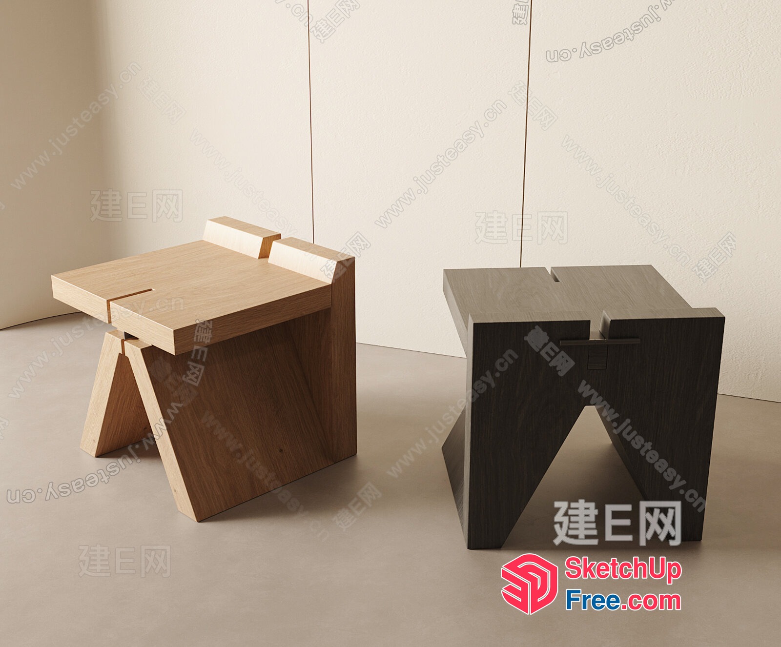 Simple Modern Wood Stools In Light And Dark Wood 3D SketchUp File