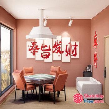 Asian-Inspired Dining Room With Red Wall Decor 3D SketchUp File