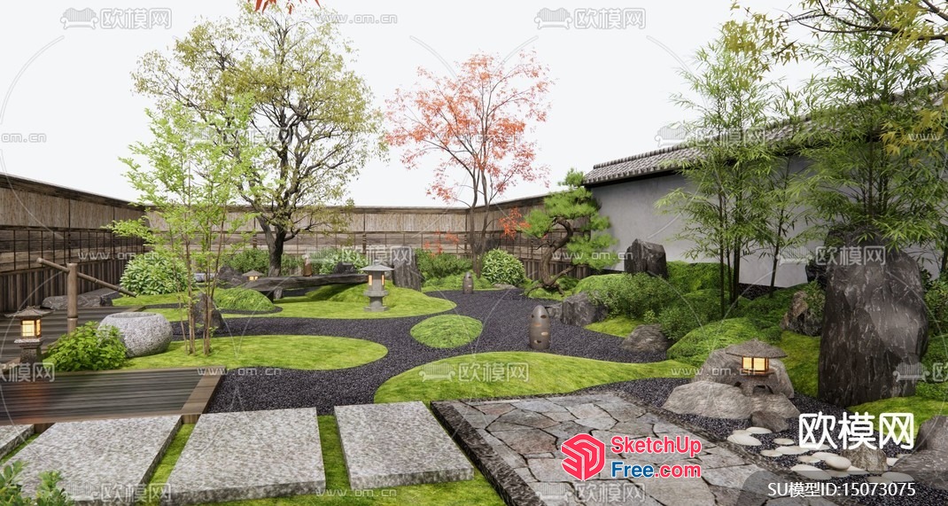 Serene Japanese Garden With Natural Stone Pathways And Lanterns 3D SketchUp File