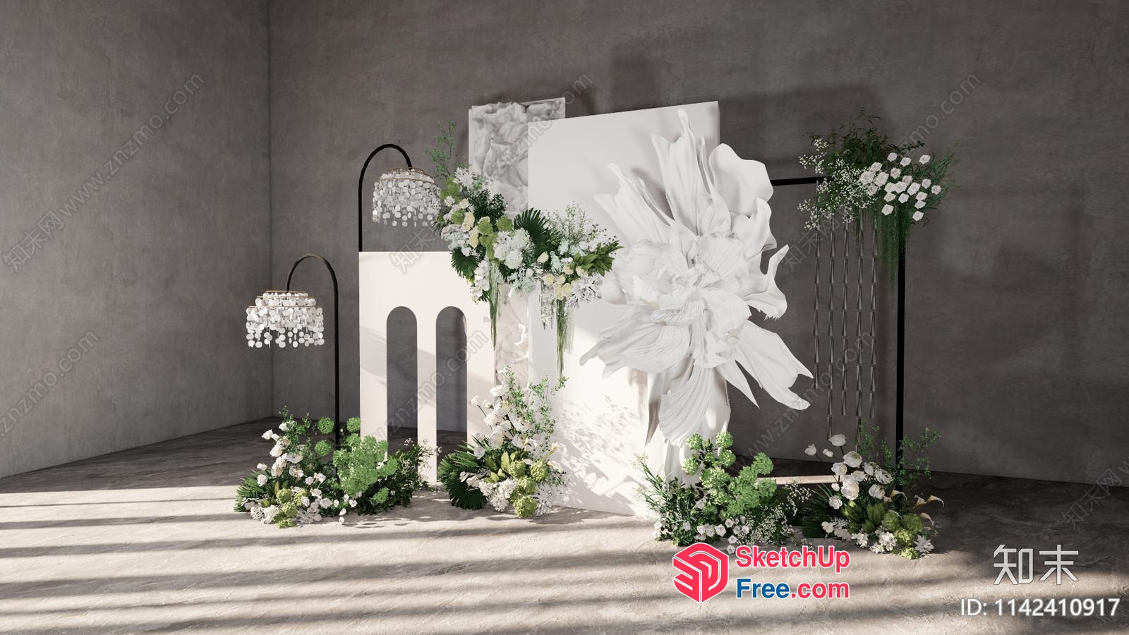 White Flower Arrangement With Greenery And Pillars 3D SketchUp File