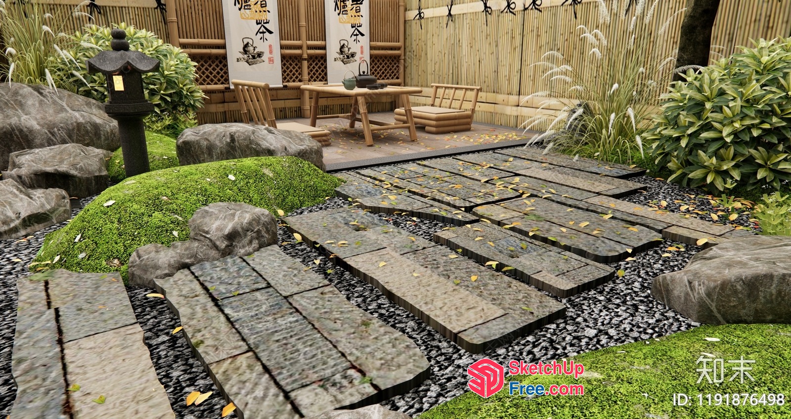 Japanese Style Garden With Natural Stone Pathway And Lantern 3D SketchUp File