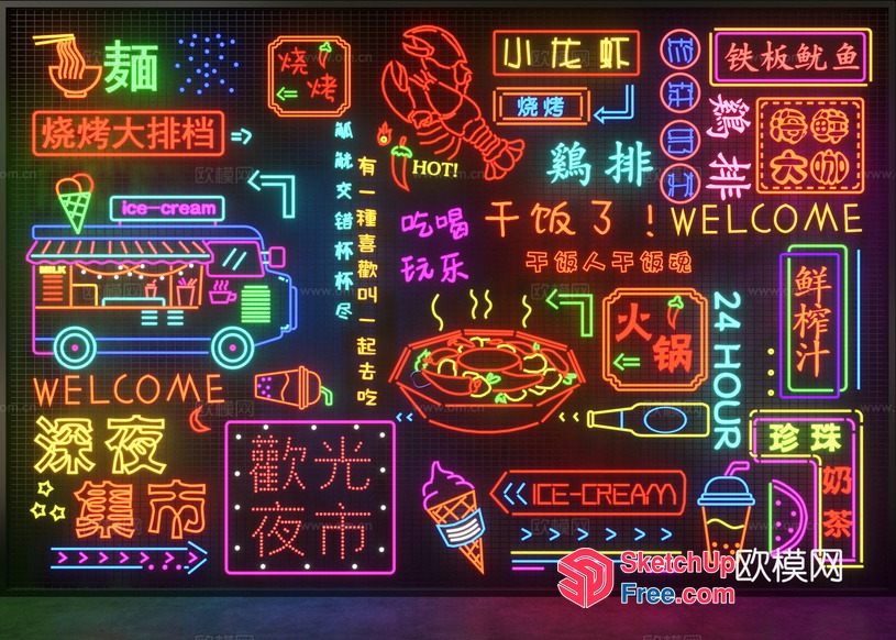 Vibrant Neon Signage Collage 3D SketchUp File