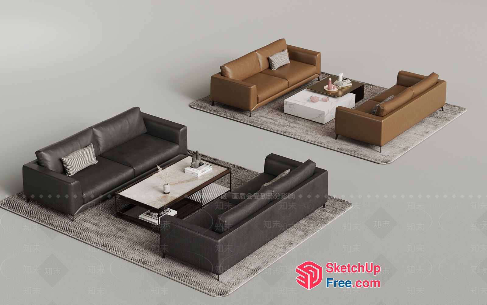 Modern Living Room Furniture Set With Leather Sofas And Coffee Table 3D SketchUp File